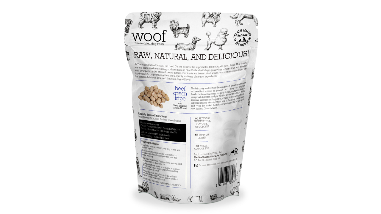 Woof Beef Green Tripe & Mussel Treats 50g